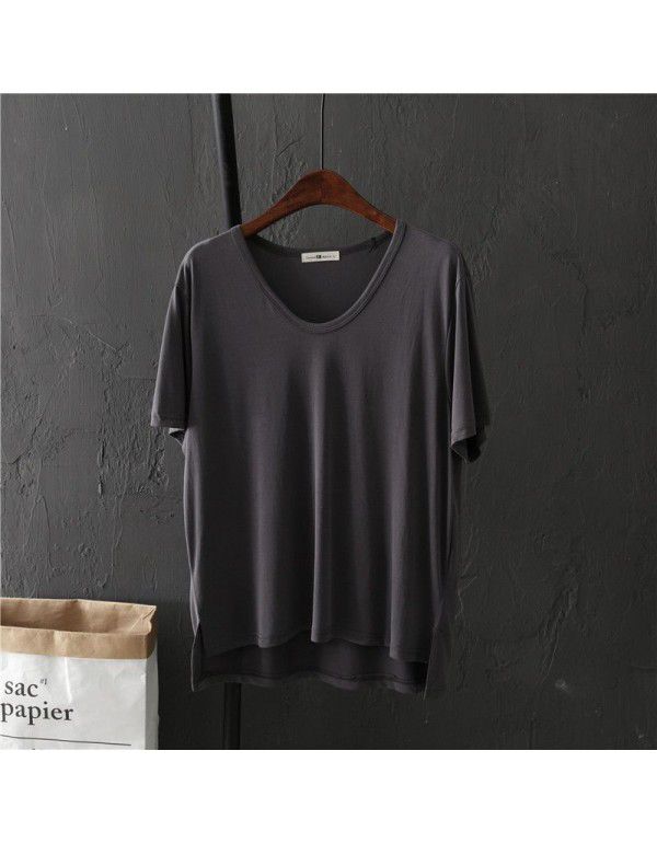 Basic copper spandex cotton solid color V-neck short-sleeved T-shirt female student summer loose bottom shirt shows thin top trend 