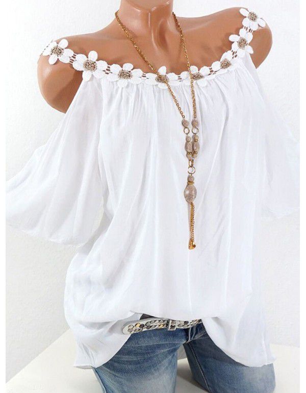 Summer Top Lace Round Neck Off Shoulder Solid T-Shirt Women