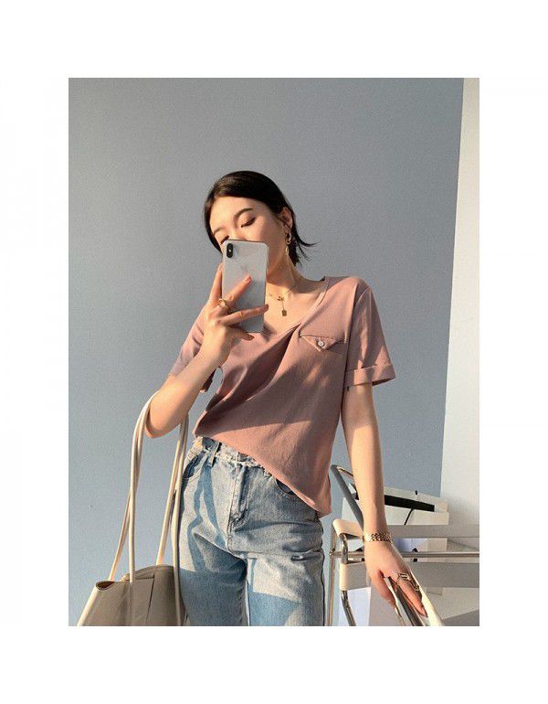 Commuter U-neck suit t-shirt looks thin cotton t-shirt female 