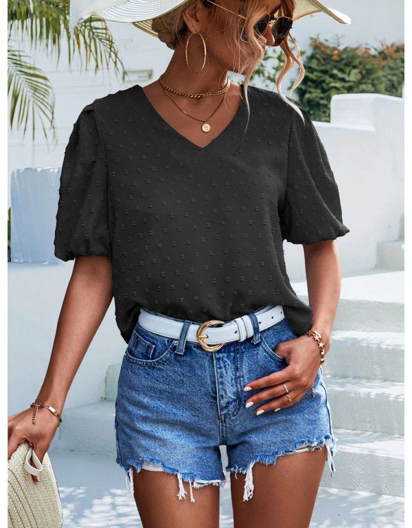 Collar Dot Jacquard Short Sleeve T-shirt Casual Top Women