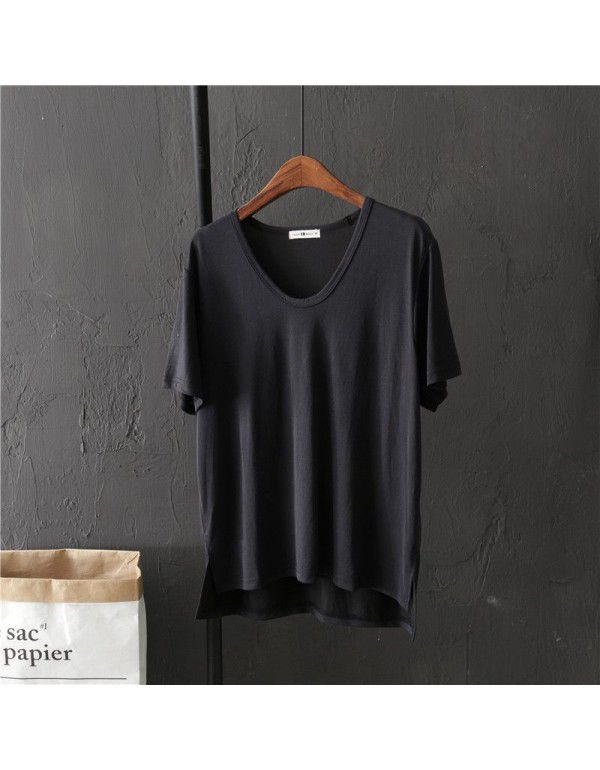 Basic copper spandex cotton solid color V-neck short-sleeved T-shirt female student summer loose bottom shirt shows thin top trend 