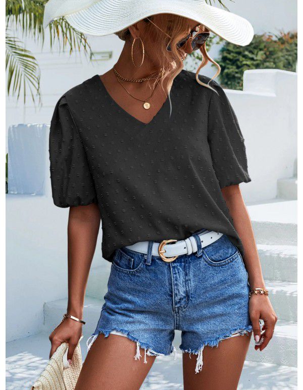 Collar Dot Jacquard Short Sleeve T-shirt Casual Top Women