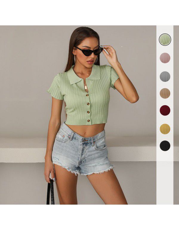 Summer Hot Sale Solid Color Polo Short T-shirt Women's European and American Slim Fit Knitted Short Sleeve Top