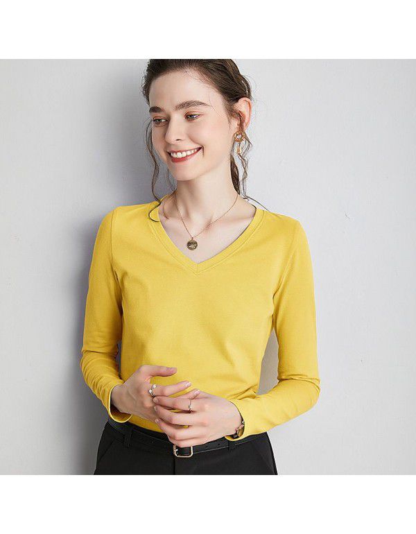 Summer new bottom shirt V-neck T-shirt loose solid color simple top 