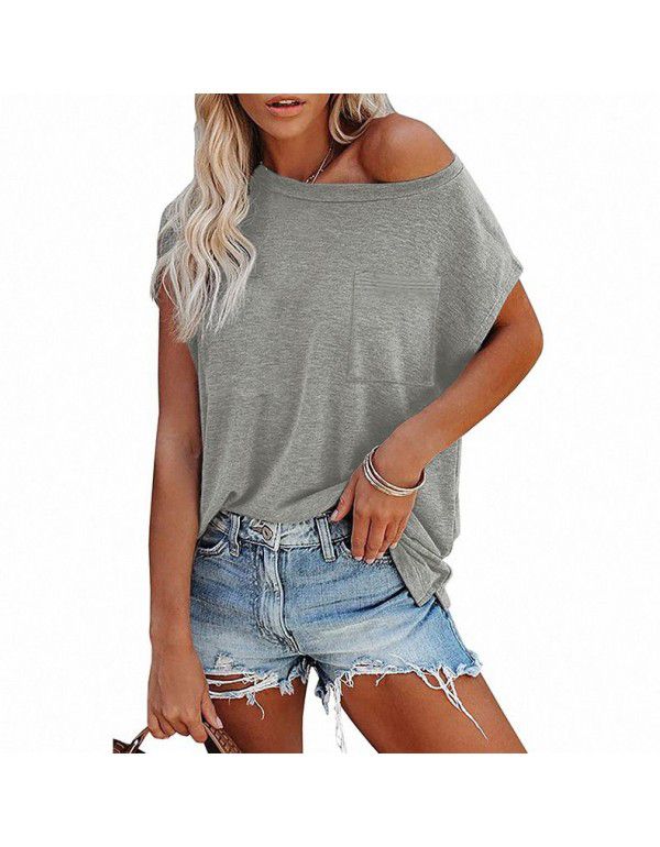 Summer Women's Top Solid Pocket Off Shoulder Round Neck Short Sleeve Women's T-Shirt 