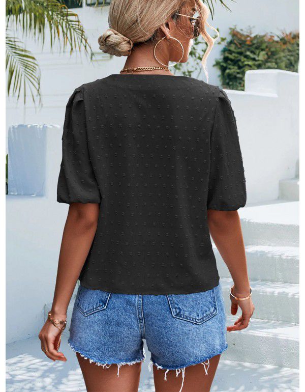 Collar Dot Jacquard Short Sleeve T-shirt Casual Top Women