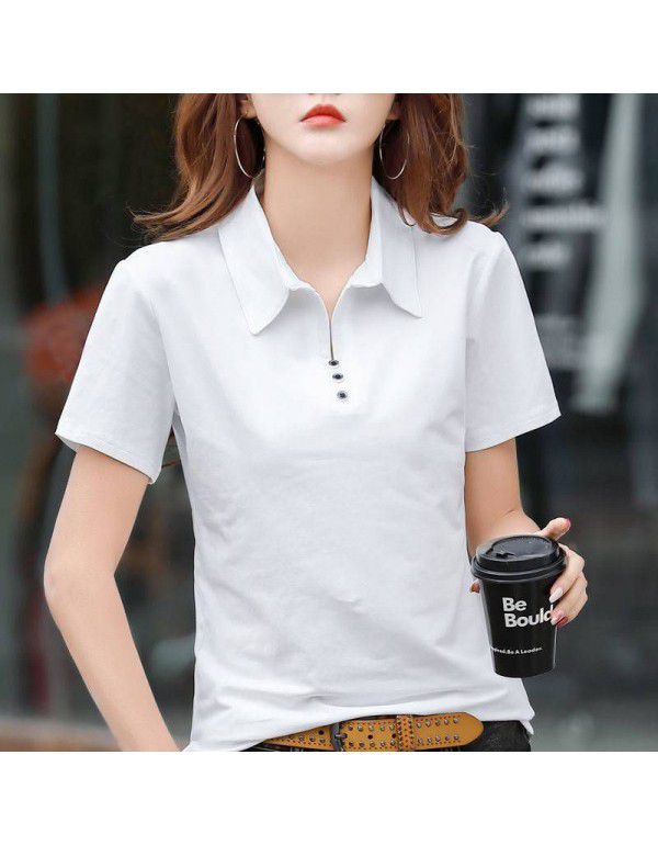 Cotton short-sleeved T-shirt women's loose belly covering top summer new style collar simple button thin half-sleeved shirt 