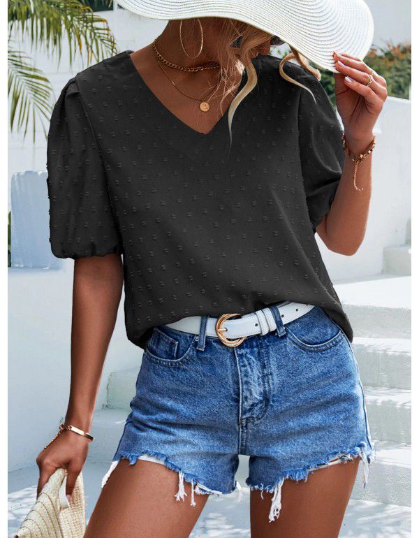 Collar Dot Jacquard Short Sleeve T-shirt Casual To...