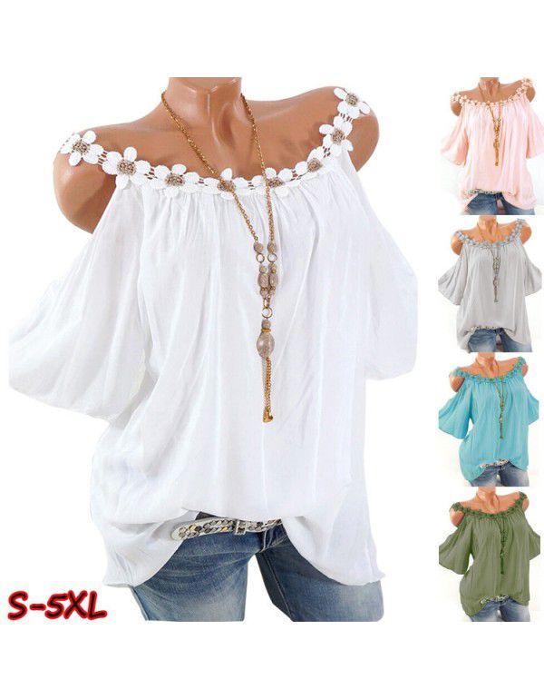 Summer Top Lace Round Neck Off Shoulder Solid T-Shirt Women