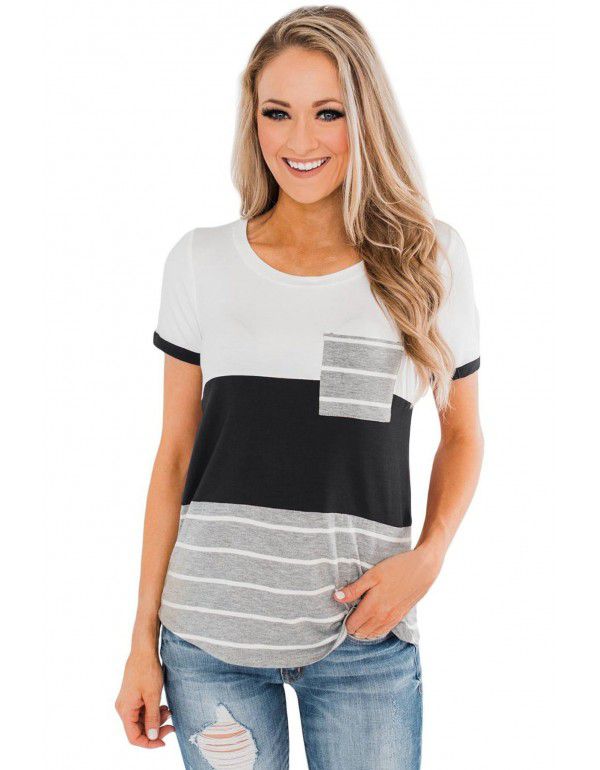 Spring and Summer New European and American Women's Top Popular Pocket Tri-color Panel Short Sleeve Stripe T-shirt Women