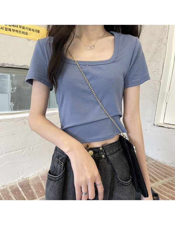 Summer Short T-shirt Women's Solid 2023 New High Waist Slim Fit Show Thin Spicy Girls Versatile Short Sleeve Square Neck Top Fashion