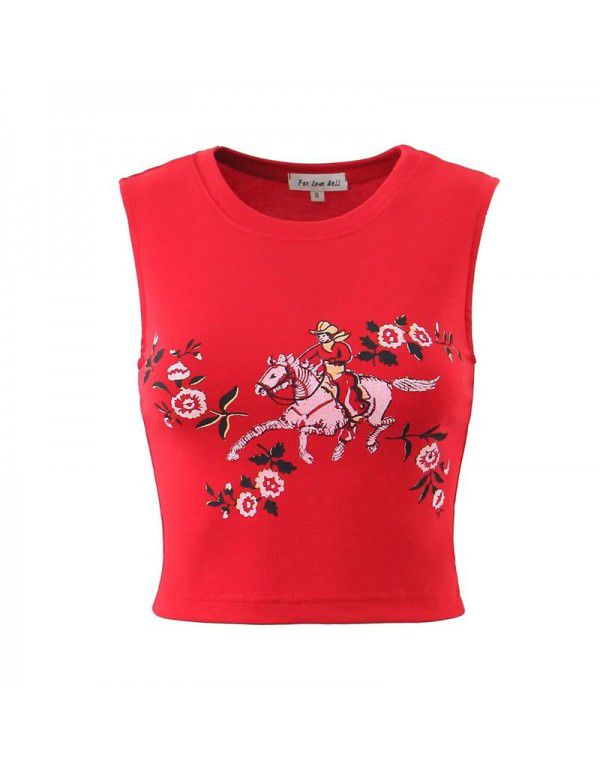 European and American style foreign trade women's clothing 2023 spring new bright red printing back hollow-out high elastic small vest T-shirt for women 