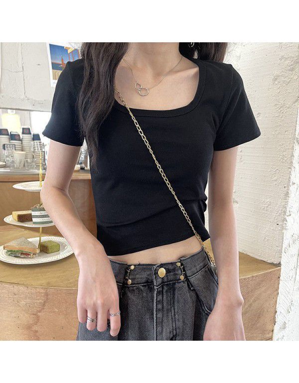 Summer Short T-shirt Women's Solid 2023 New High Waist Slim Fit Show Thin Spicy Girls Versatile Short Sleeve Square Neck Top Fashion