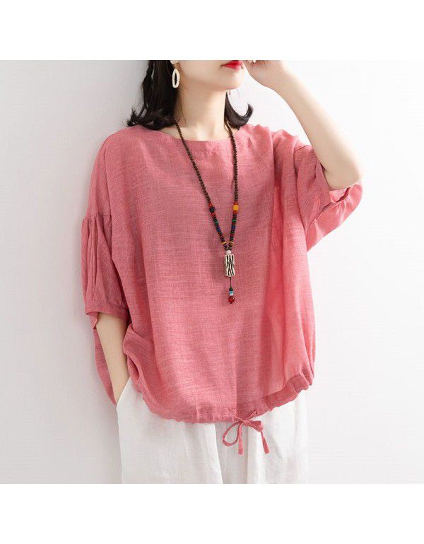 Loose casual T-shirt Women's Bat Shirt Drawcord Round Neck Medium Sleeve Imitation Cotton Linen Shirt Top Summer