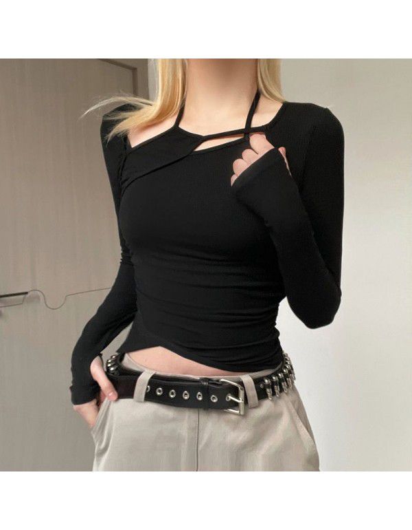 Autumn and Winter New Women's Fashion Street Shoot Personality Hollow Asymmetric T-shirt 