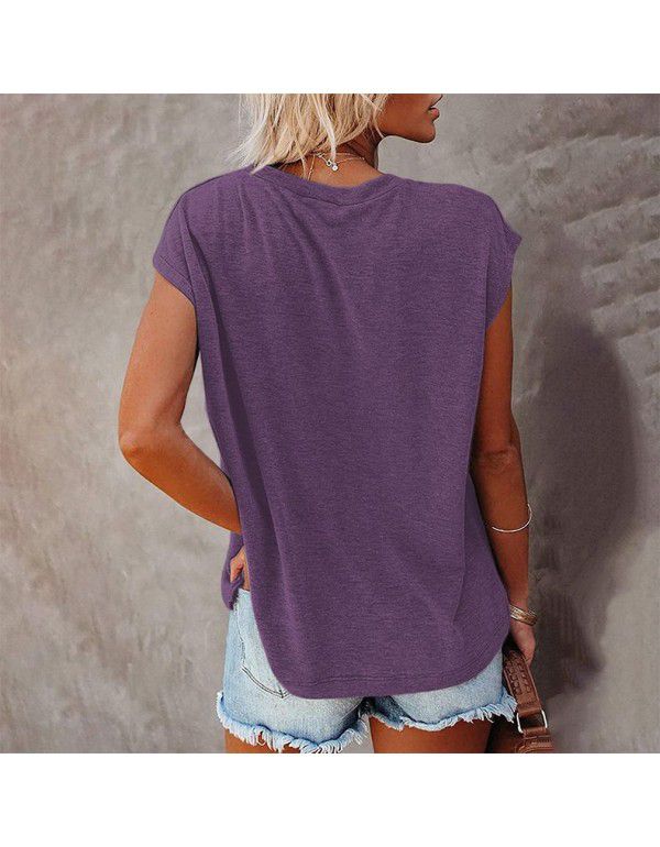 Summer Women's Top Solid Pocket Off Shoulder Round Neck Short Sleeve Women's T-Shirt 