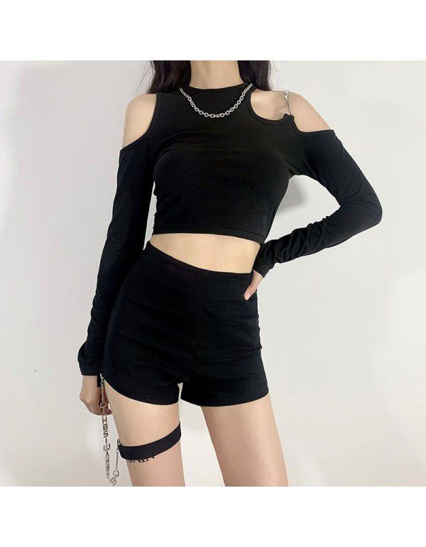 European Station 2021 Street Fashion Summer New Women's Dress Slim Fit Sexy Off Shoulder Long Sleeve Round Neck Short T-shirt Women 