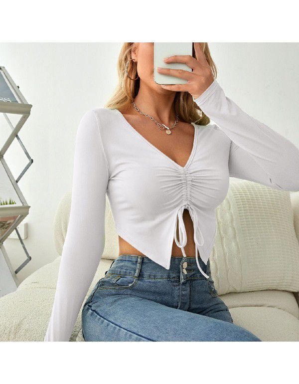 Sleeves drawcord slimming open navel top breathable pleated solid color simple sweet T-shirt women's casual spring and autumn top 