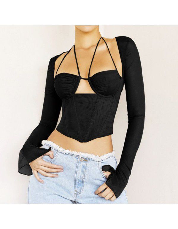 Summer sexy women's clothing Amazon popular mesh square neck hollowed-out perspective navel T-shirt top women 