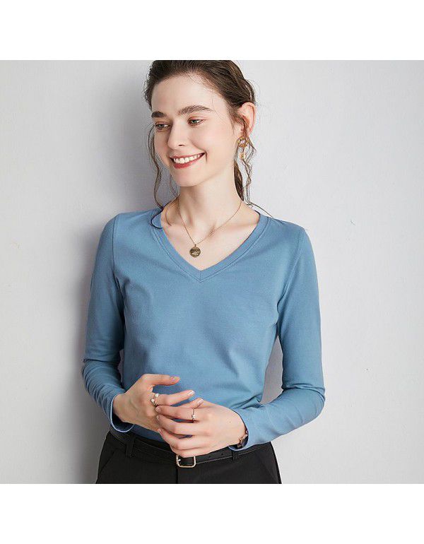 Summer new bottom shirt V-neck T-shirt loose solid color simple top 