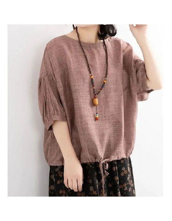 Loose casual T-shirt Women's Bat Shirt Drawcord Round Neck Medium Sleeve Imitation Cotton Linen Shirt Top Summer