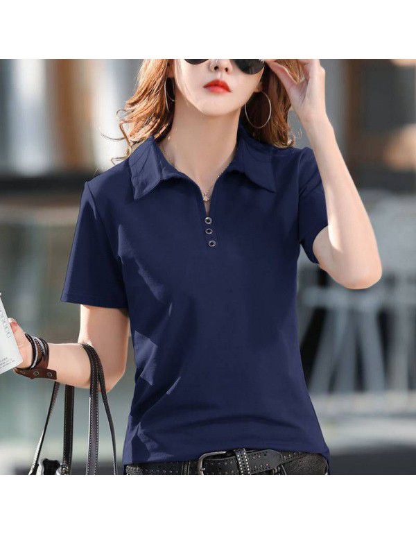 Cotton short-sleeved T-shirt women's loose belly covering top summer new style collar simple button thin half-sleeved shirt 