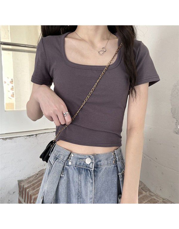 Summer Short T-shirt Women's Solid 2023 New High Waist Slim Fit Show Thin Spicy Girls Versatile Short Sleeve Square Neck Top Fashion