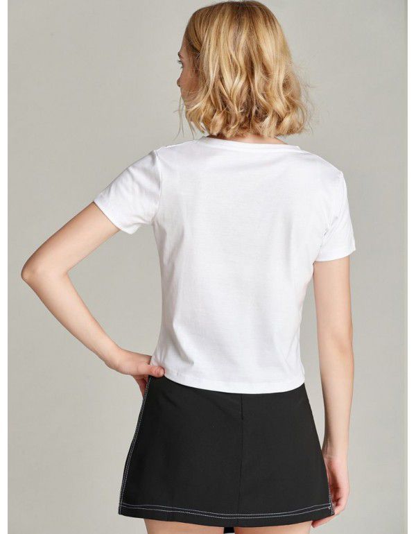 Mercerized cotton T-shirt Women's short pure cotton high waist summer loose simple round neck Korean style versatile solid color T-shirt 