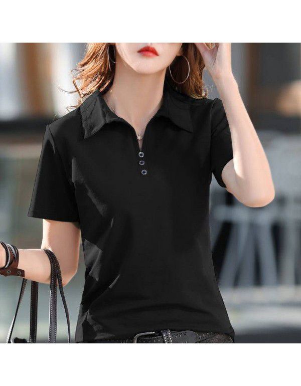 Cotton short-sleeved T-shirt women's loose belly covering top summer new style collar simple button thin half-sleeved shirt 