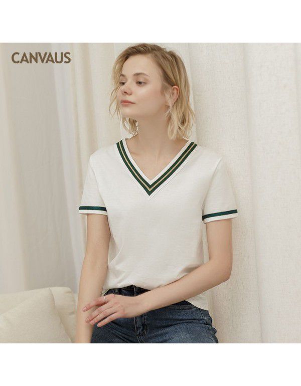 Summer New Cotton V-Neck Ribbon Loose European and American Temperament Short Sleeve T-shirt Women's Top 