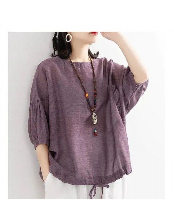 Loose casual T-shirt Women's Bat Shirt Drawcord Round Neck Medium Sleeve Imitation Cotton Linen Shirt Top Summer