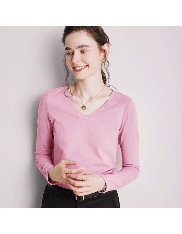 Summer new bottom shirt V-neck T-shirt loose solid color simple top 