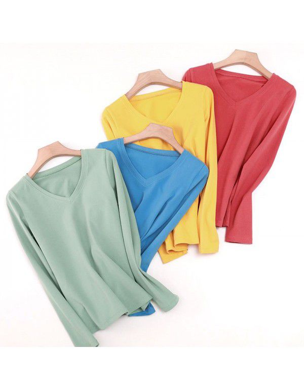 Summer new bottom shirt V-neck T-shirt loose solid color simple top 