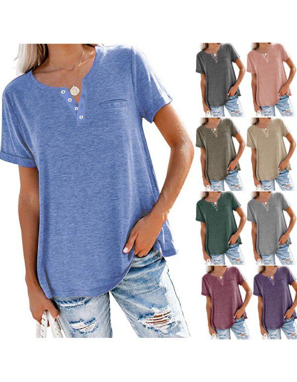 Spring and Summer New Top V-neck Short Sleeve Pock...