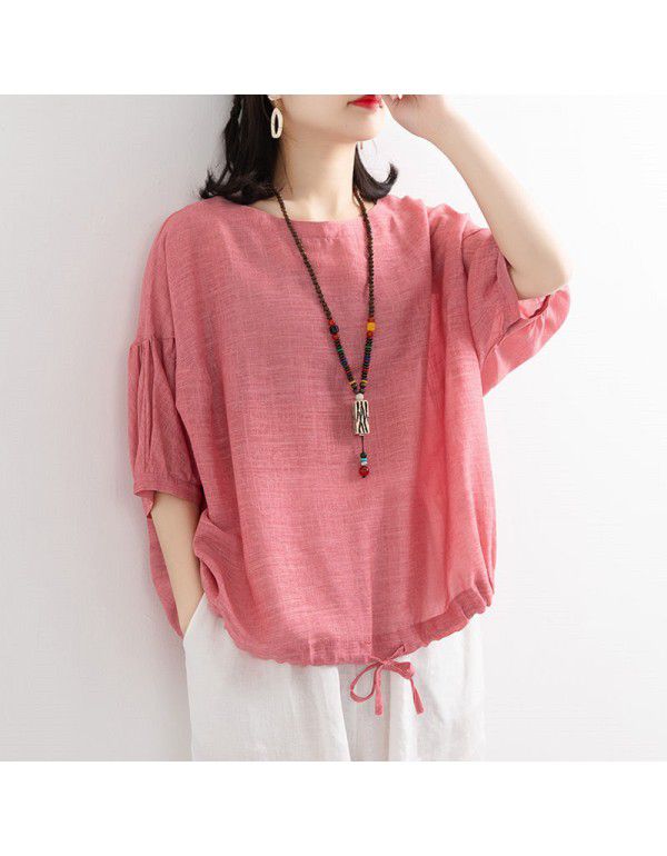 Loose casual T-shirt Women's Bat Shirt Drawcord Ro...