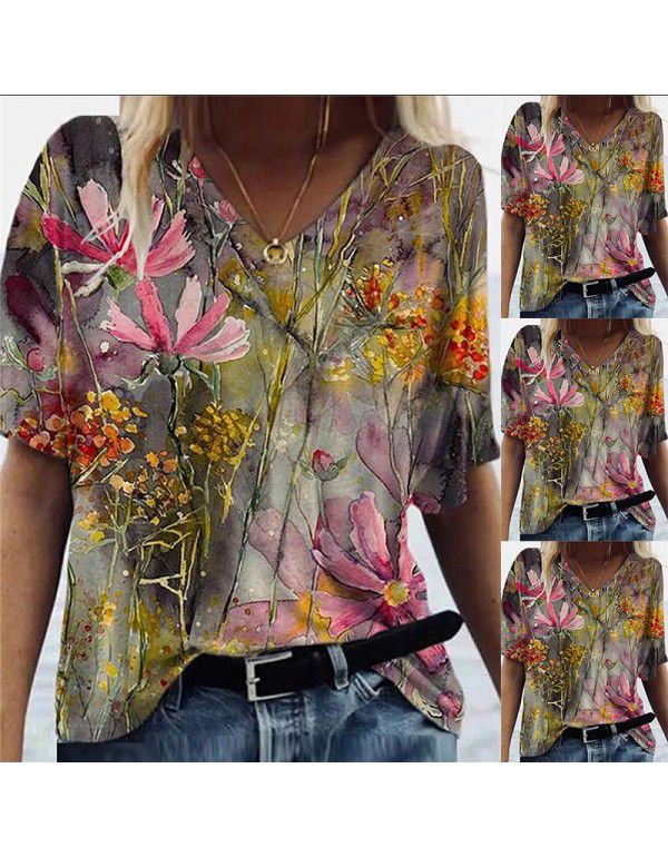 Flower printed short sleeve V-neck T-shirt for wom...