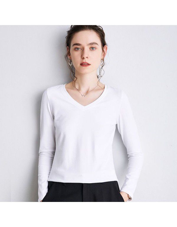 Summer new bottom shirt V-neck T-shirt loose solid color simple top 