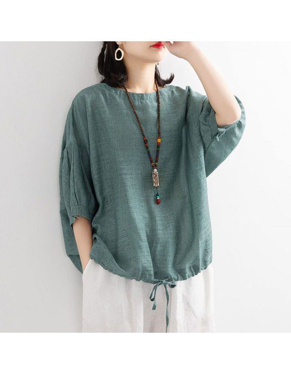 Loose casual T-shirt Women's Bat Shirt Drawcord Round Neck Medium Sleeve Imitation Cotton Linen Shirt Top Summer