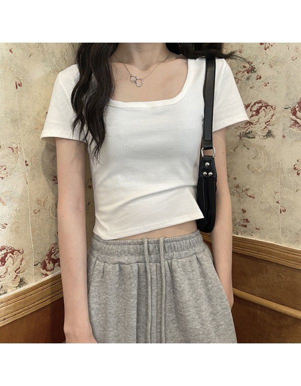 Summer Short T-shirt Women's Solid 2023 New High Waist Slim Fit Show Thin Spicy Girls Versatile Short Sleeve Square Neck Top Fashion