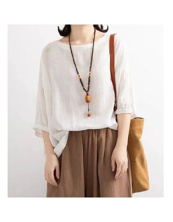 Loose casual T-shirt Women's Bat Shirt Drawcord Round Neck Medium Sleeve Imitation Cotton Linen Shirt Top Summer