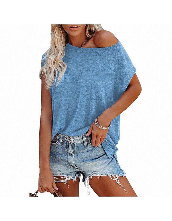 Summer Women's Top Solid Pocket Off Shoulder Round Neck Short Sleeve Women's T-Shirt 