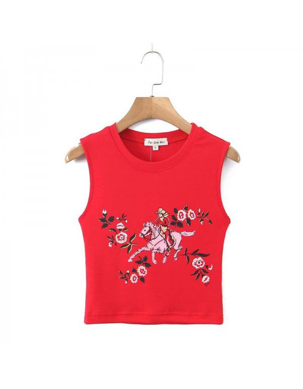 European and American style foreign trade women's clothing 2023 spring new bright red printing back hollow-out high elastic small vest T-shirt for women 