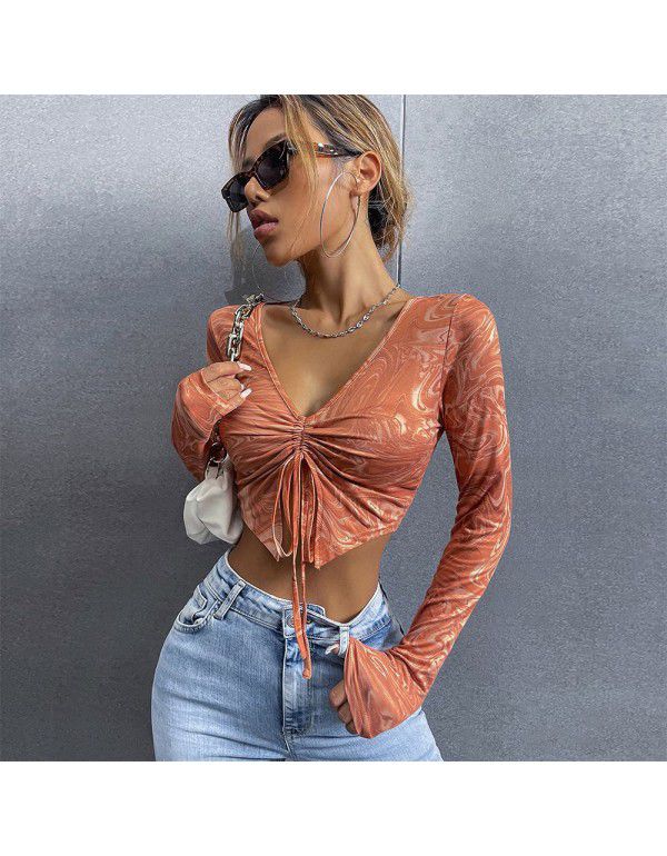 Sleeves drawcord slimming open navel top breathable pleated solid color simple sweet T-shirt women's casual spring and autumn top 