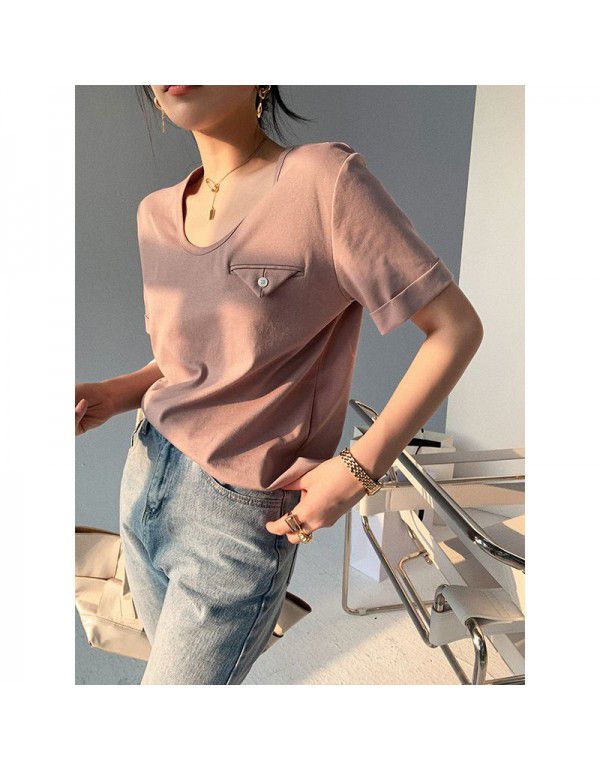 Commuter U-neck suit t-shirt looks thin cotton t-shirt female 