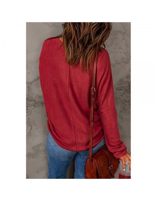 Red patchwork long-sleeved top for women's casual casual casual bottoms