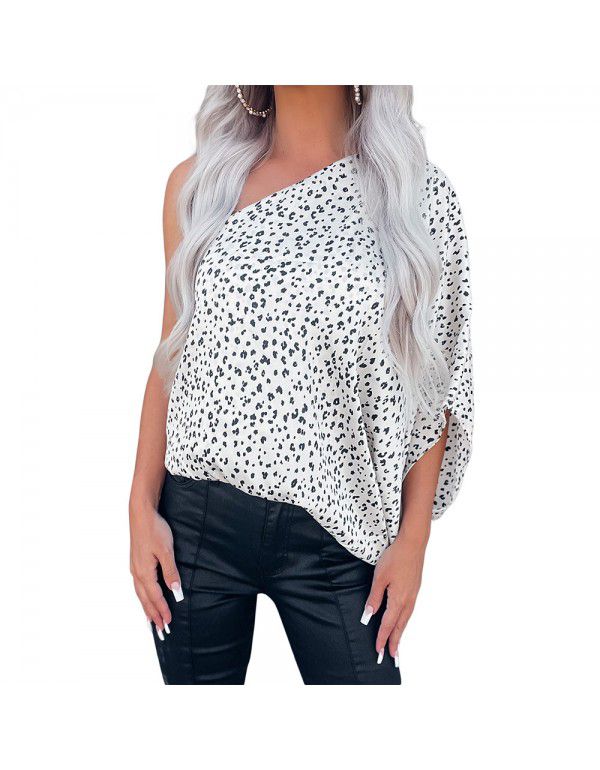 White leopard asymmetric one-shoulder chiffon shir...