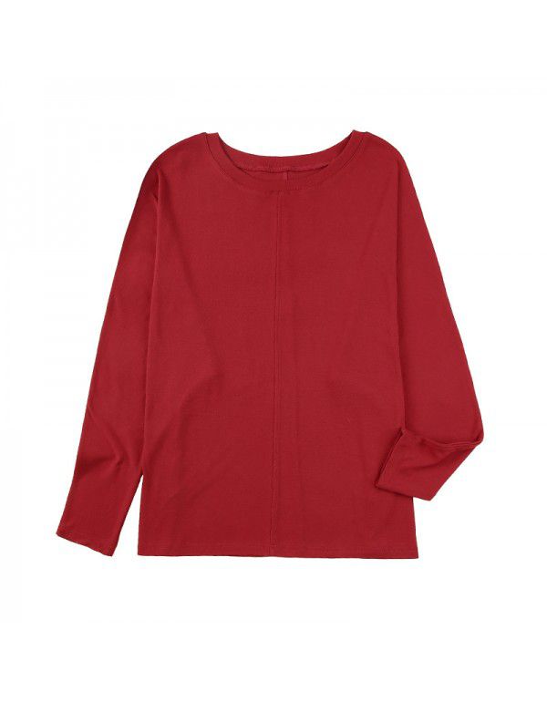 Red patchwork long-sleeved top for women's casual casual casual bottoms