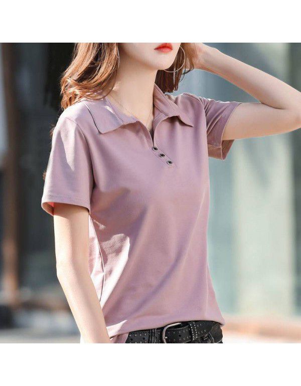 Cotton short-sleeved T-shirt women's loose belly covering top summer new style collar simple button thin half-sleeved shirt 