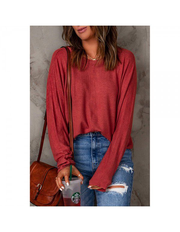 Red patchwork long-sleeved top for women's casual casual casual bottoms