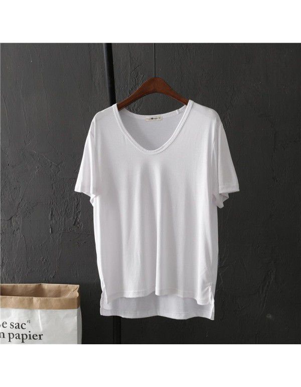 Basic copper spandex cotton solid color V-neck short-sleeved T-shirt female student summer loose bottom shirt shows thin top trend 